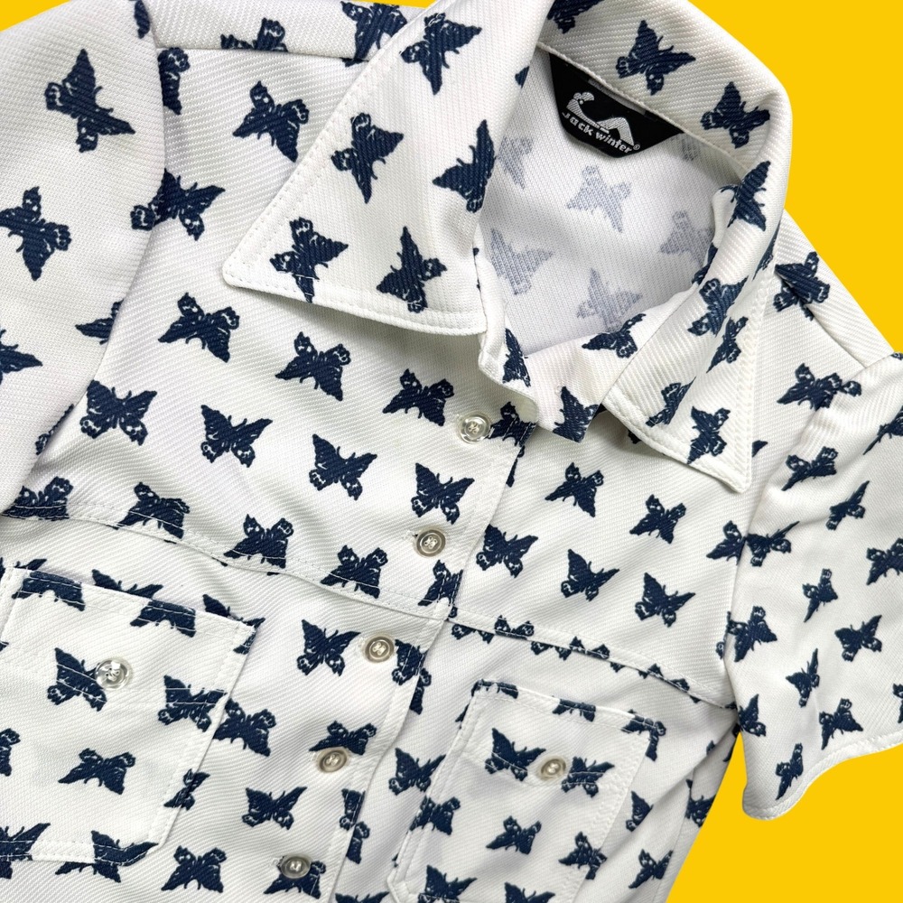 Rare Vintage Jack Winter Button Down Woman M White Blue Butterfly Retro 70s Top
